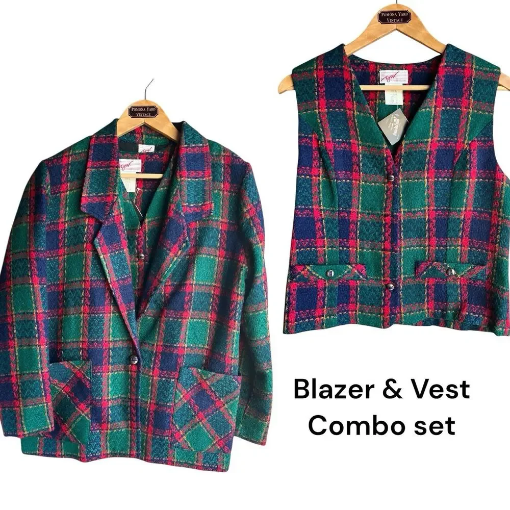 VTG Christmas Plaid Blazer & Vest Acrylic Knit G.W. Division Of Graff Size 10